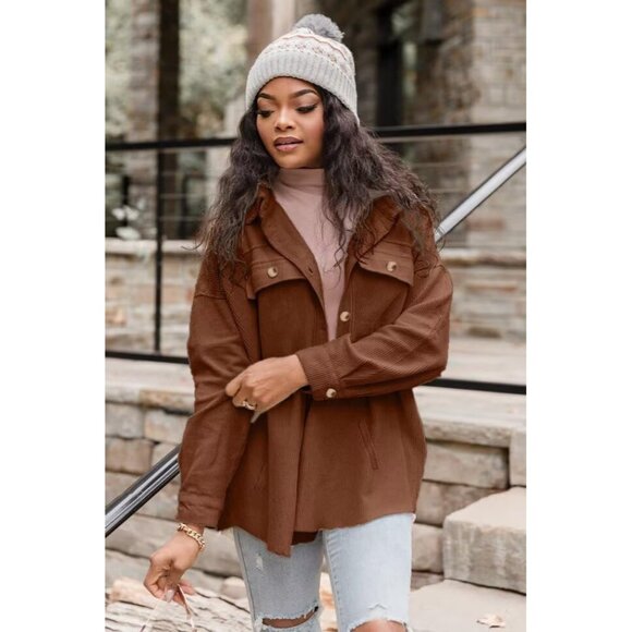 Womens Corduroy Shacket Large Casual Button-Down Long Sleeve Tops - Picture 6 of 7